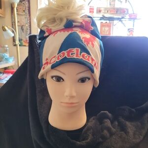 Stylish Scotland Themed Blue and Cream Hat With Hair Bun Attached!